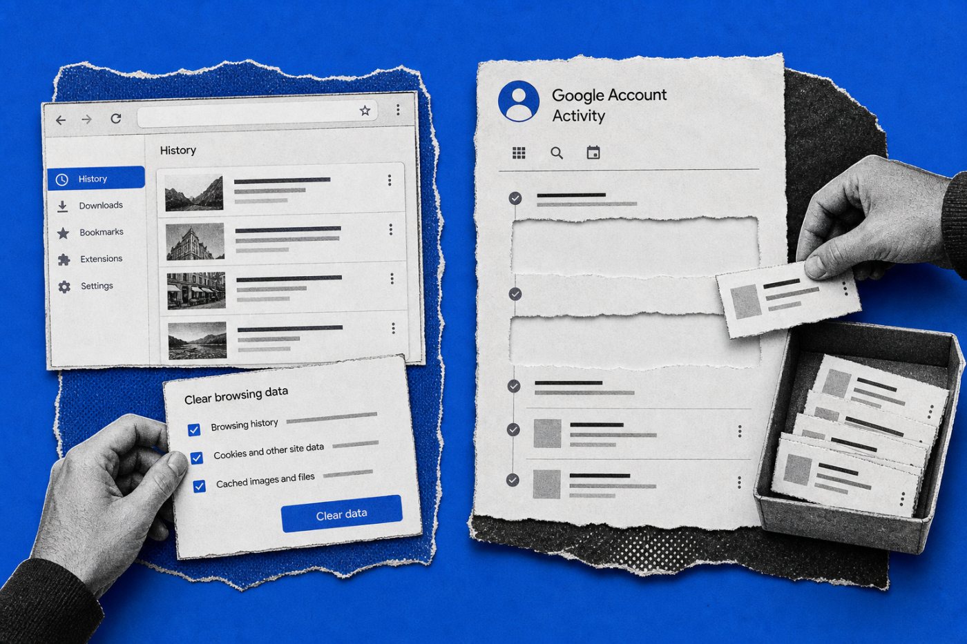 Diferença entre a atividade apagada da Conta Google e o histórico que permanece no navegador.