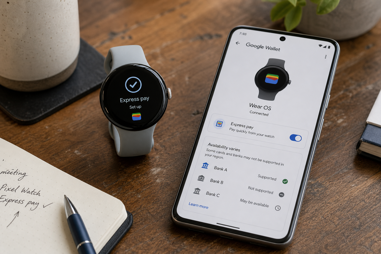 Pixel Watch express-pay setup is completed alongside Google Wallet settings after the Google Play services update