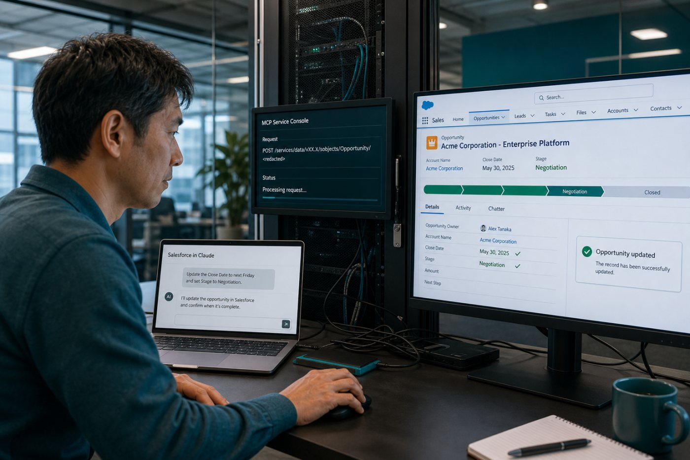 MCPでClaudeの依頼をSalesforceへ接続し、APIが案件処理を完了する構造