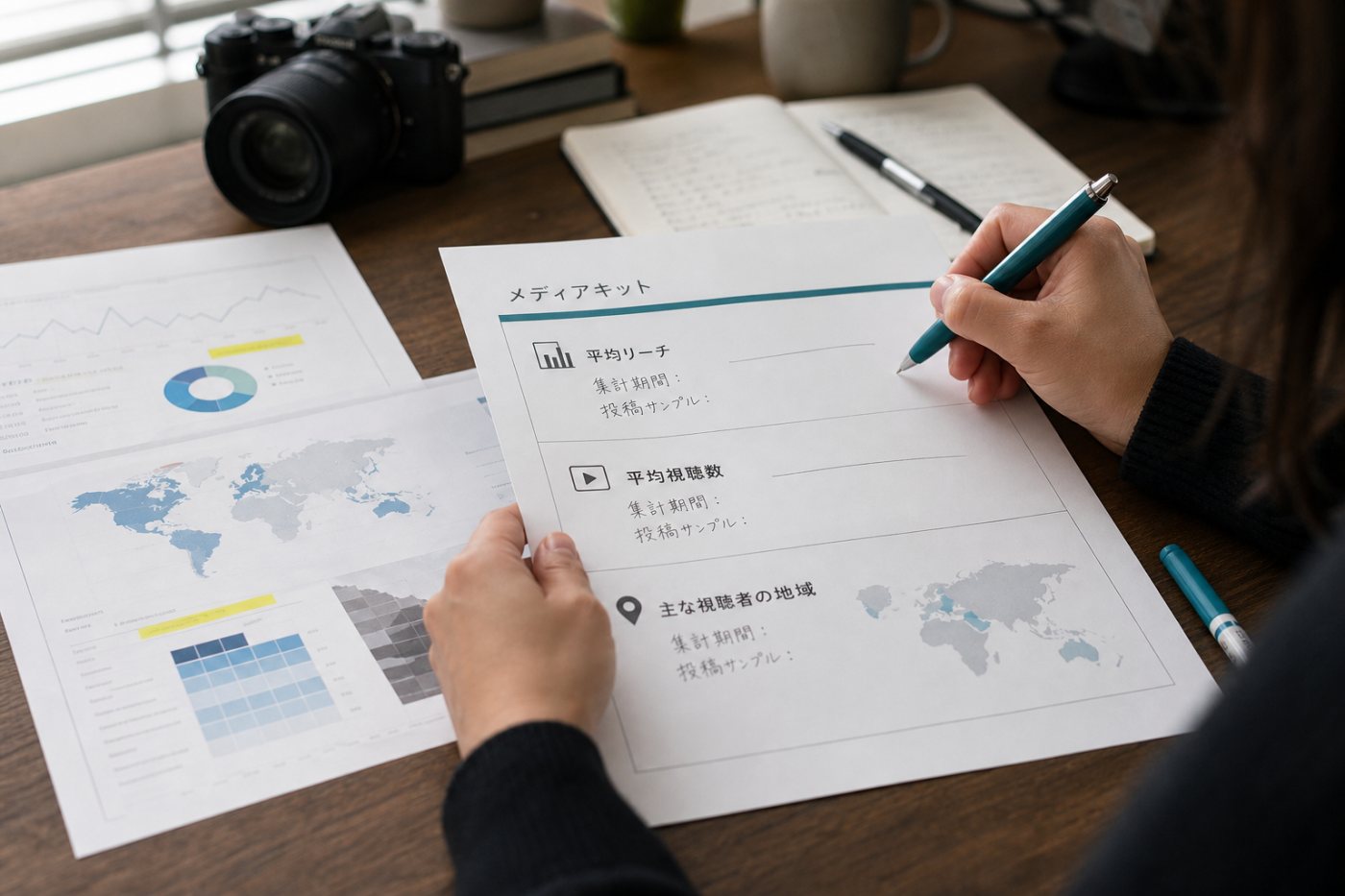 集計期間を明記し、平均表示と読者地域をメディアキット上部へ整理する工程