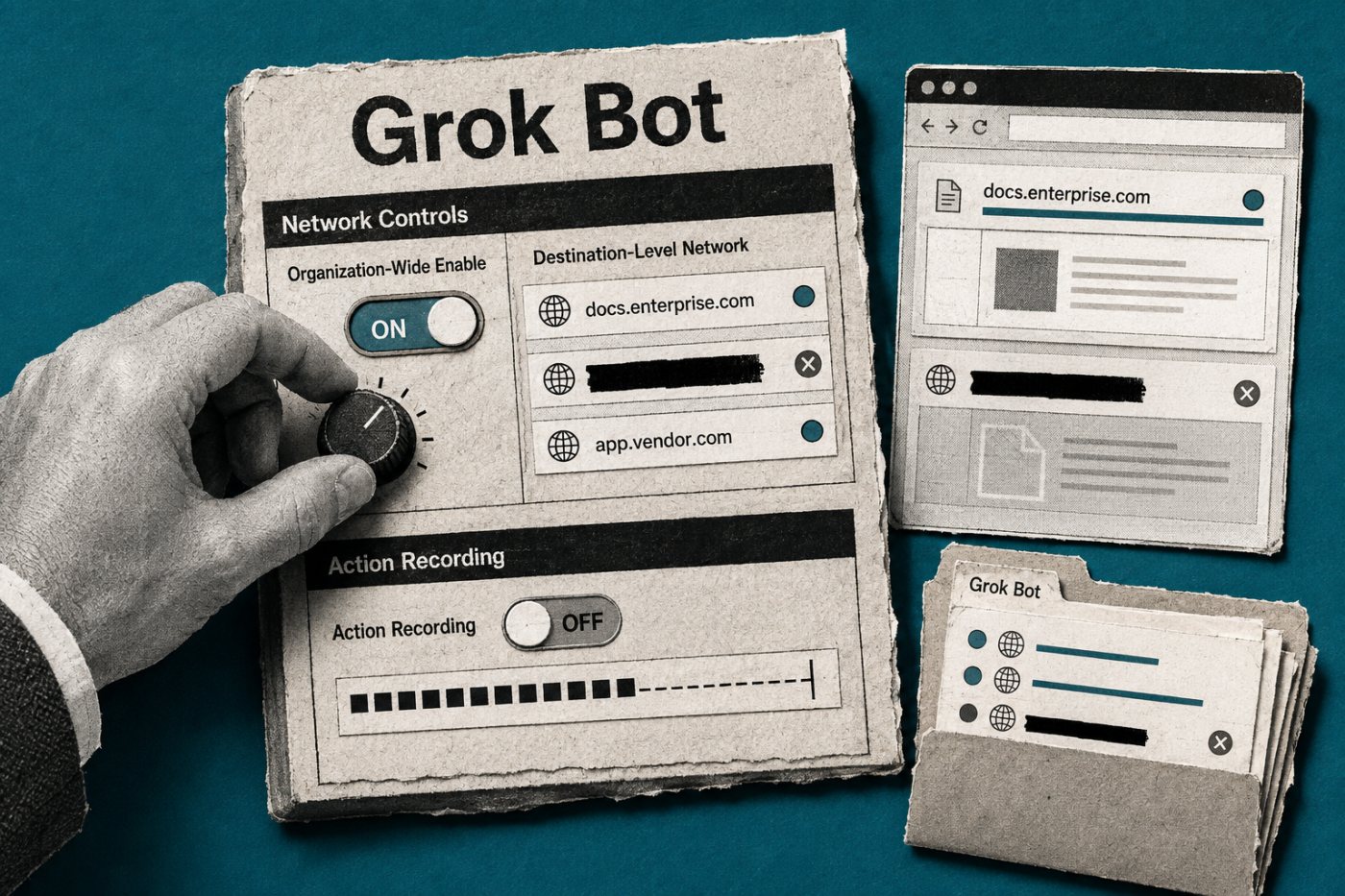 Grok Bot yöneticisinin kuruluş erişimini, ağ hedeflerini ve eylem kaydını denetlemesi