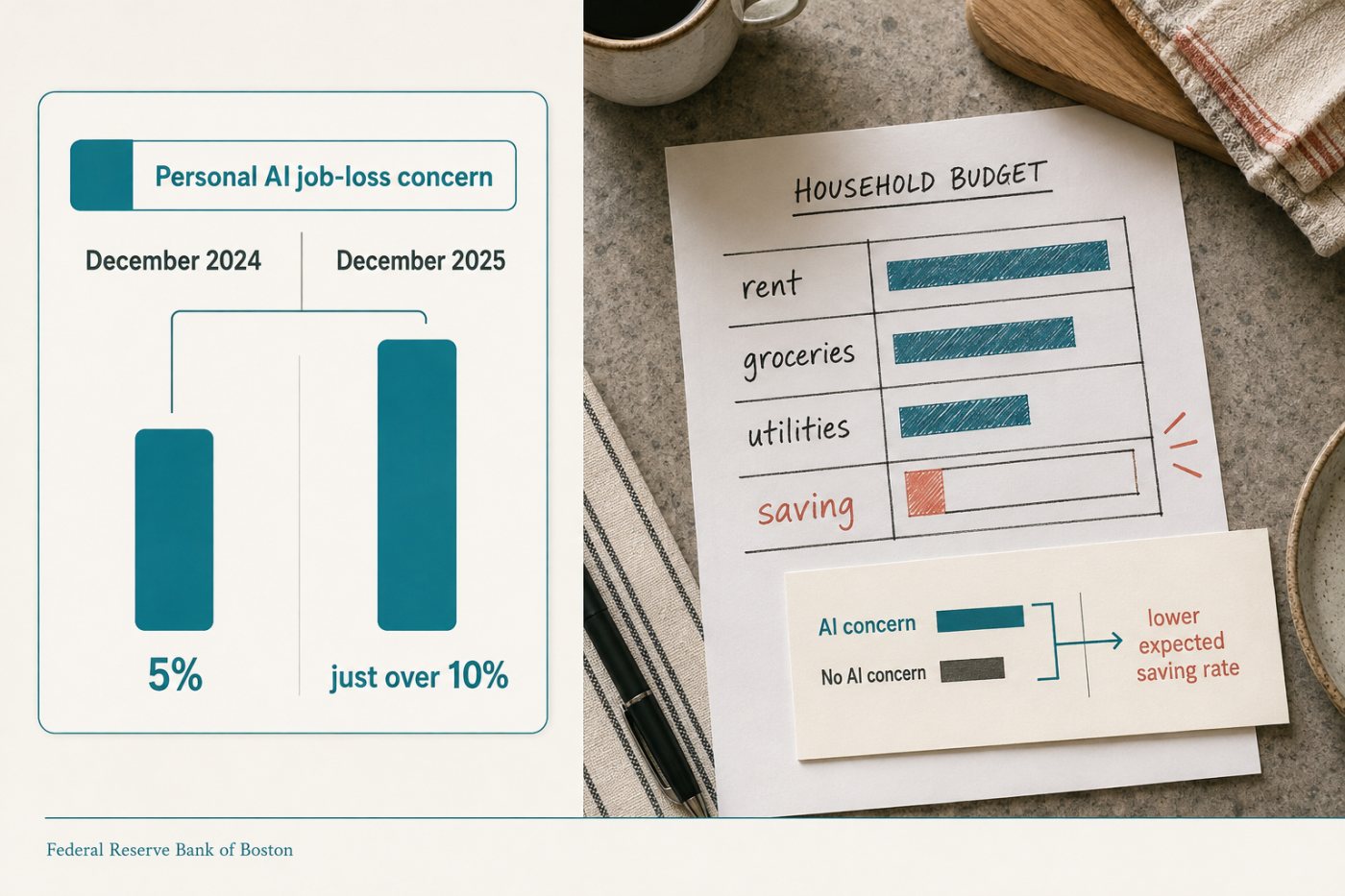 Affordability-constrained workers compare household purchases and expected saving under differing levels of AI job-loss concern.