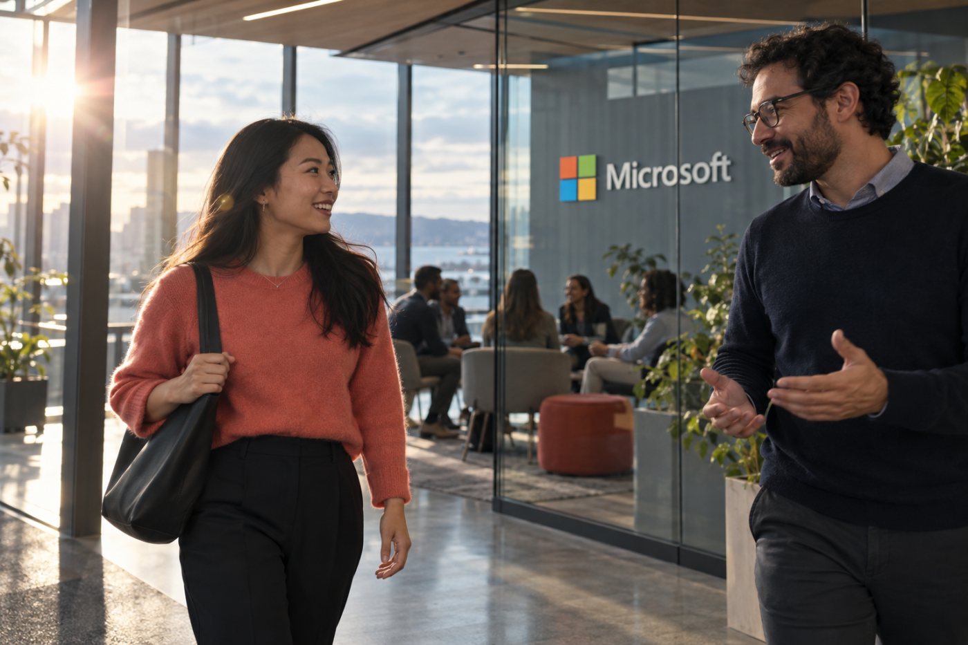 Pracownik Microsoft łączy naukę z rozmową mentorską o dalszym rozwoju kariery.