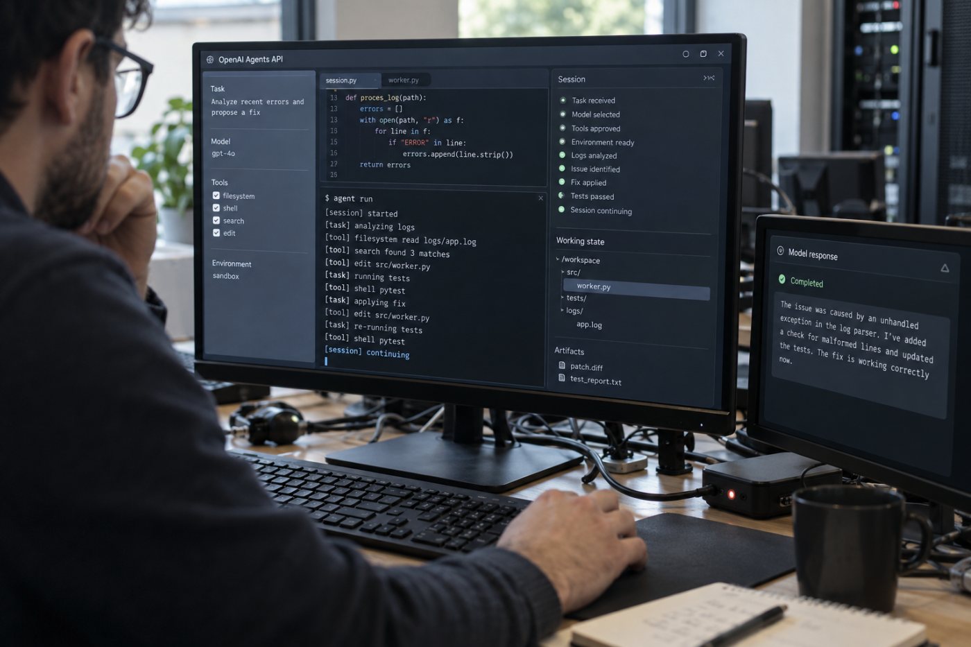 Une application ouvre une session durable Agents API qui conserve son état au-delà d’un appel de modèle isolé.