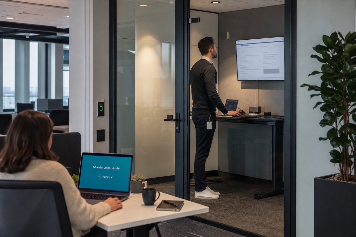Salesforce-Berechtigungen und Geschäftsregeln prüfen eine aus Claude angestoßene CRM-Aktualisierung.