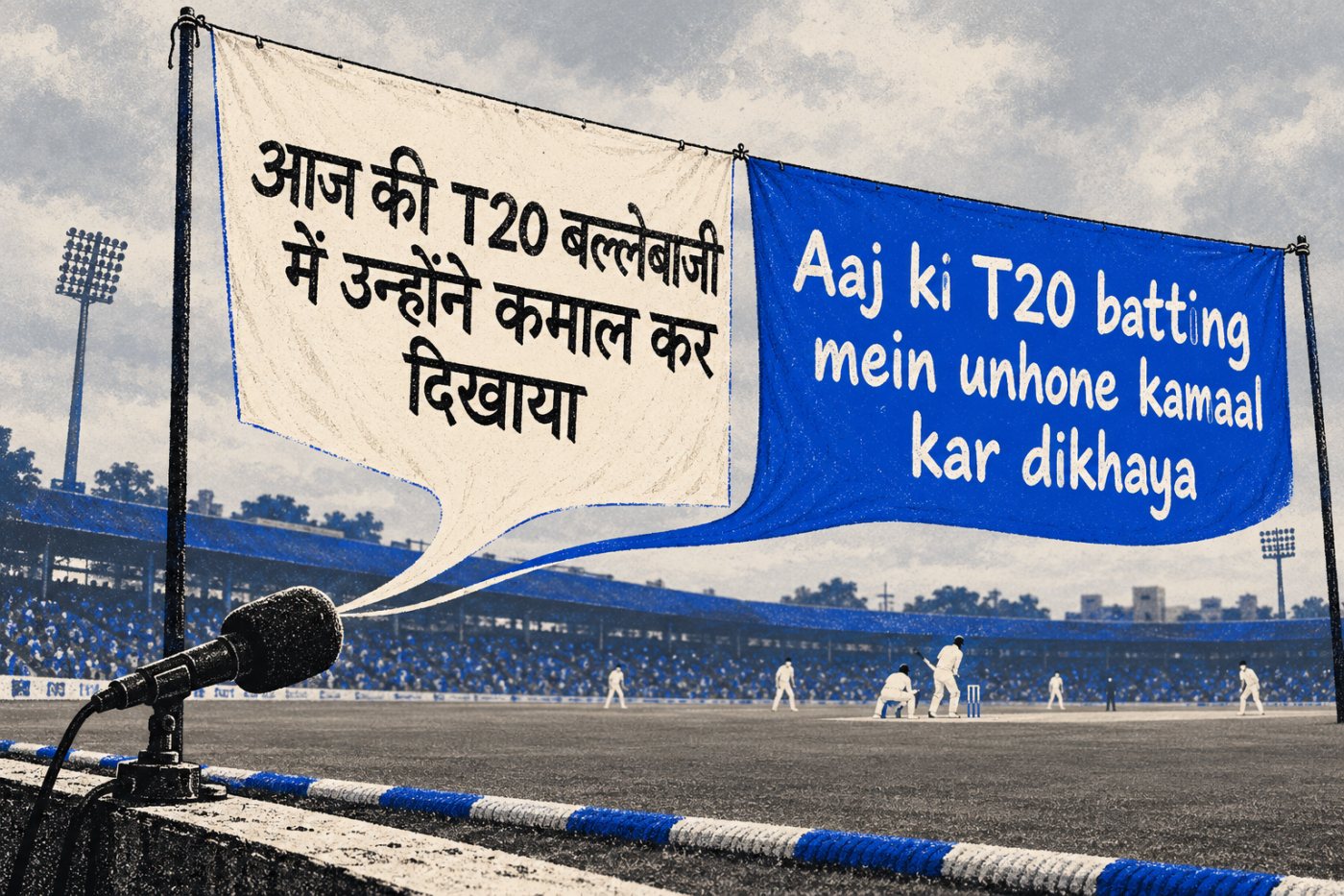 Saaras V4 में एक ही हिंदी क्रिकेट वाक्य का देवनागरी और अंग्रेजी शब्दों वाला मिश्रित प्रतिलेखन।
