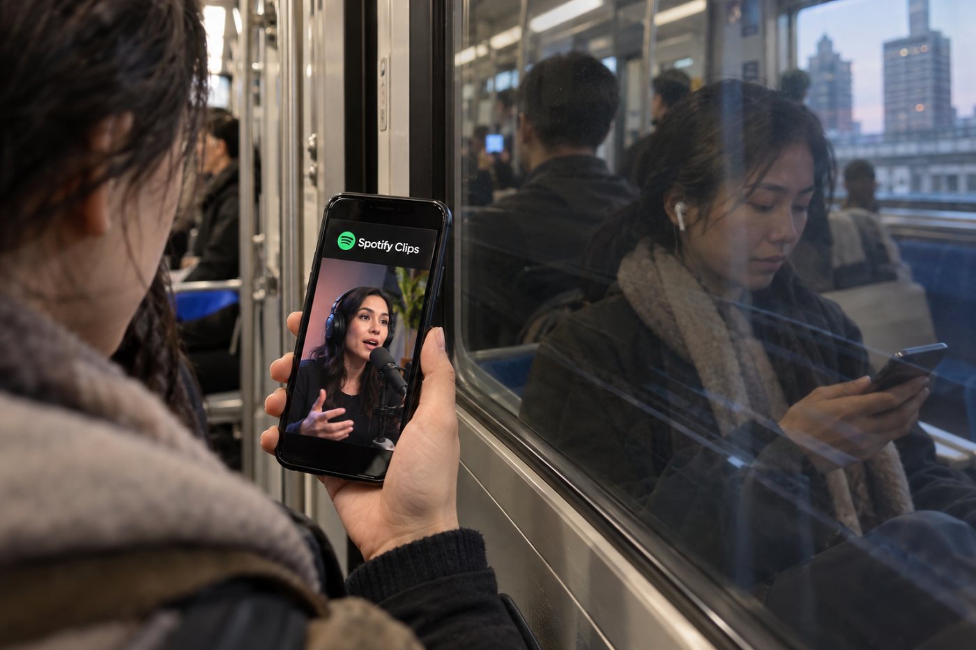 听众先看到Spotify播客Clip,随后主动播放节目;展示与后续播放是两种不同结果。