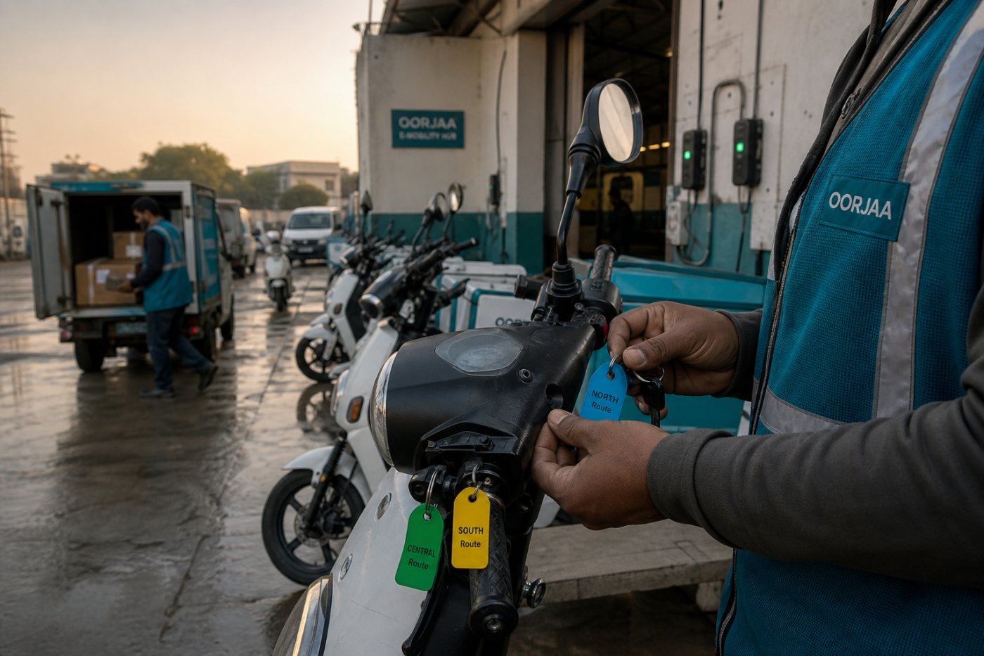 OORJAA’nın kent lojistik merkezinden optimize edilmiş rotalarla göreve çıkan elektrikli araçları.