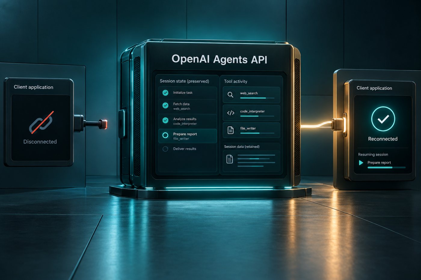 Phiên OpenAI Agents API giữ trạng thái và tiếp tục tác vụ dài sau khi kết nối ứng dụng gián đoạn.
