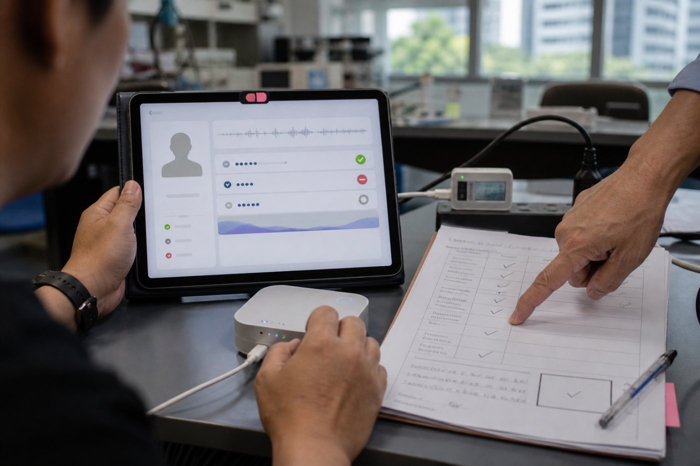Tim startup Thailand mengevaluasi prototipe bersama mentor untuk menyiapkan pengujian dan penerapan nyata.