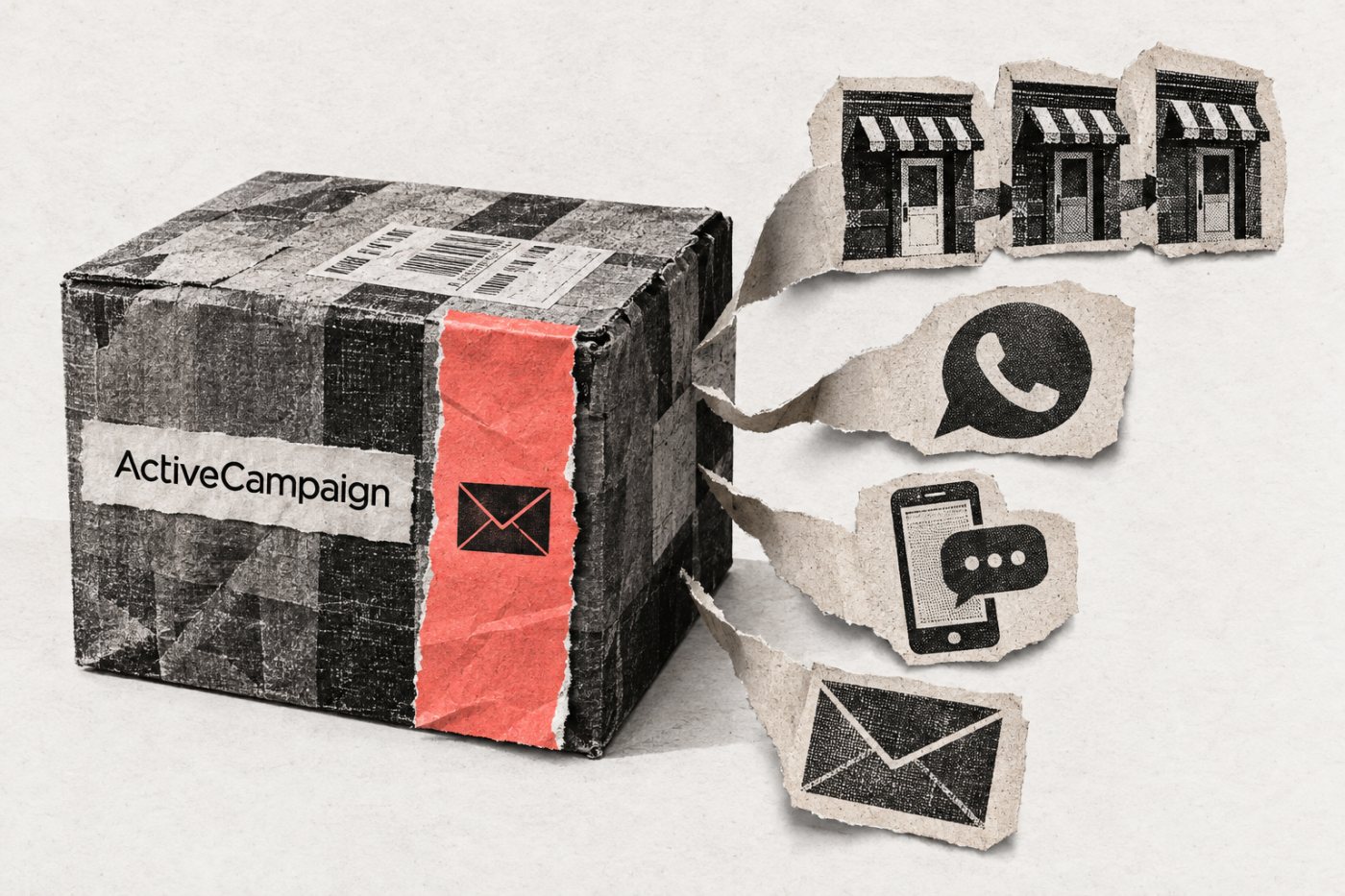 No ActiveCampaign, pipeline de vendas, WhatsApp, SMS e e-mail transacional aparecem como componentes adicionais à jornada de marketing.