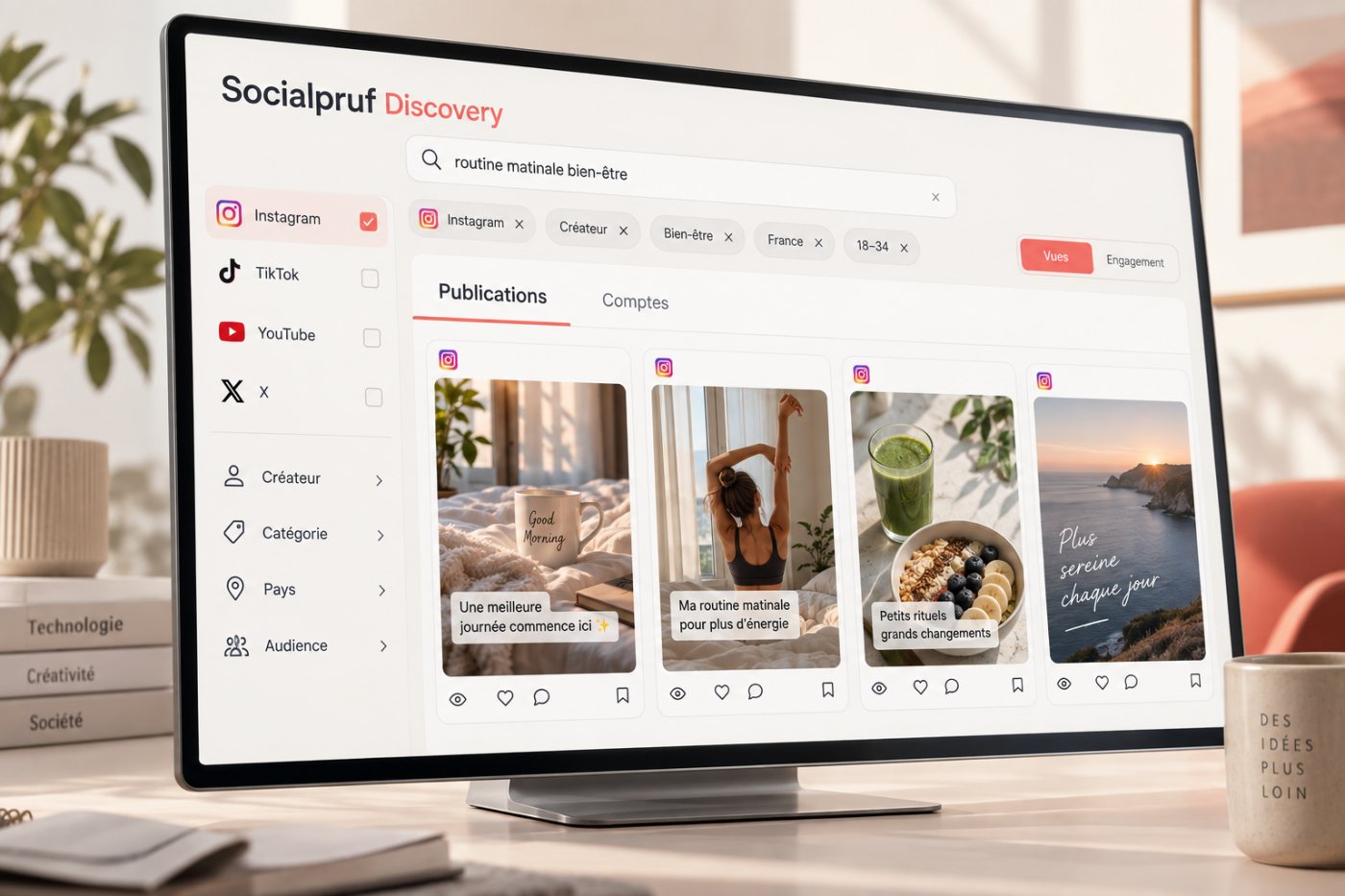 La recherche Socialpruf Discovery sépare publications et comptes, puis affine les résultats par plateforme, audience et performance.