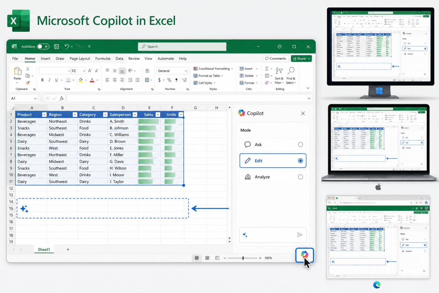 ExcelブックでCopilotの編集モードを選び、Python分析を開始できる状態