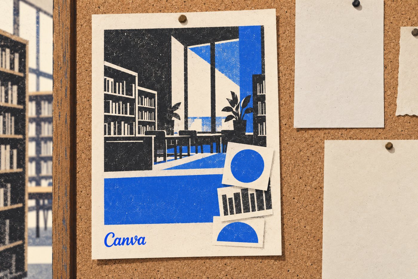 Un prospectus créé avec Canva est affiché dans une bibliothèque, exemple du format jugé facile à réaliser dans l’essai comparatif.