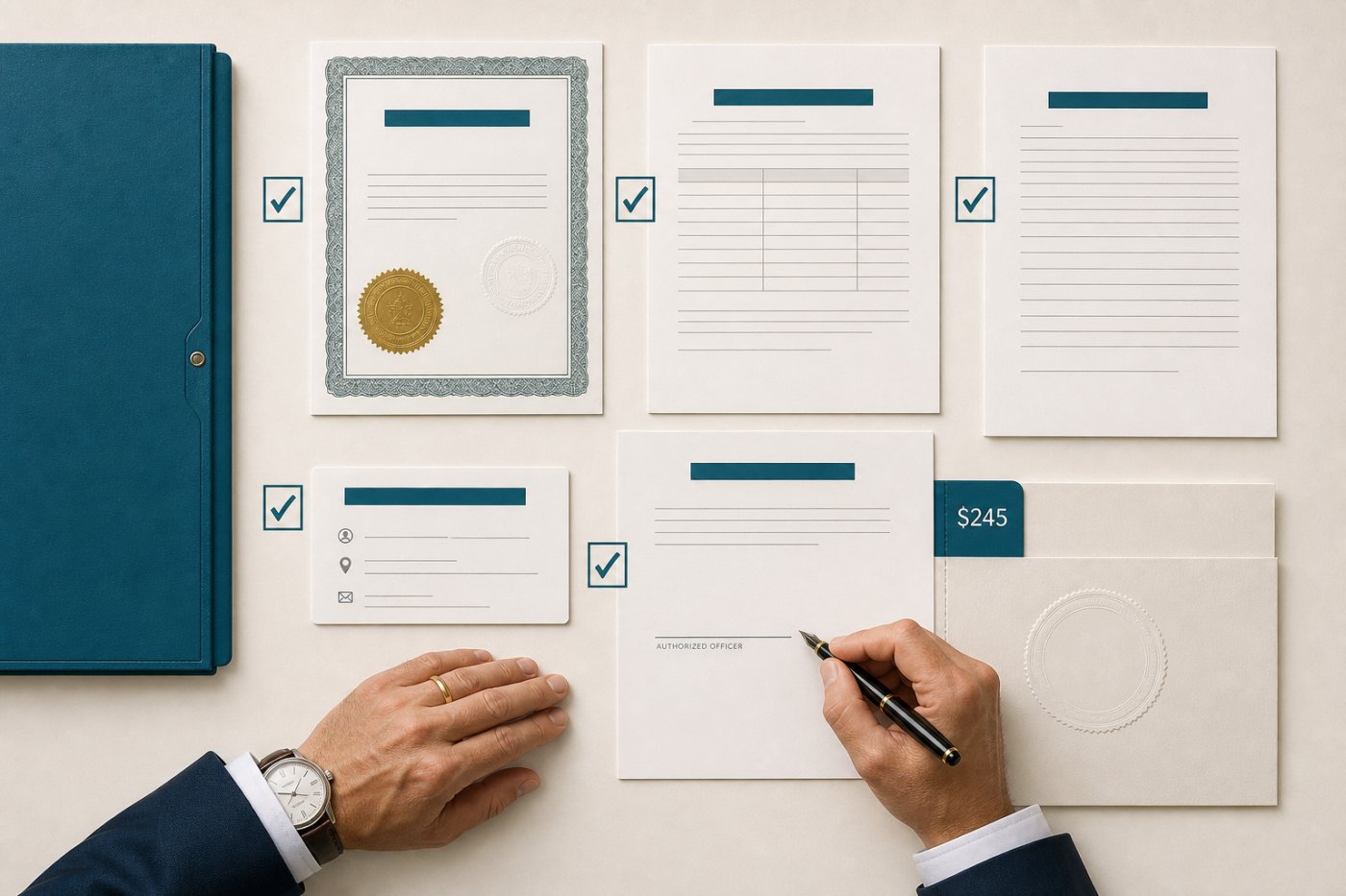 An officer verifies the documents and company information required for a Delaware foreign-corporation filing.