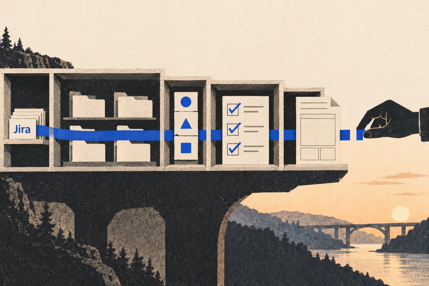 Một thay đổi do Jira điều phối đi qua ngữ cảnh được chọn, tiêu chuẩn repository và AI Review trước cửa merge của con người.