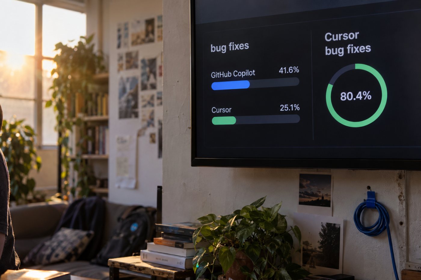 Долі выпраўленняў у выбарках GitHub Copilot і Cursor адрозніваюцца, а прыняцце выпраўленняў Cursor вымяраецца асобна.