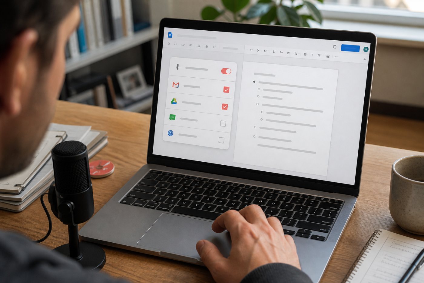 Docs Live permite seleccionar fuentes de Gmail, Drive, Chat o la web antes de generar el borrador.