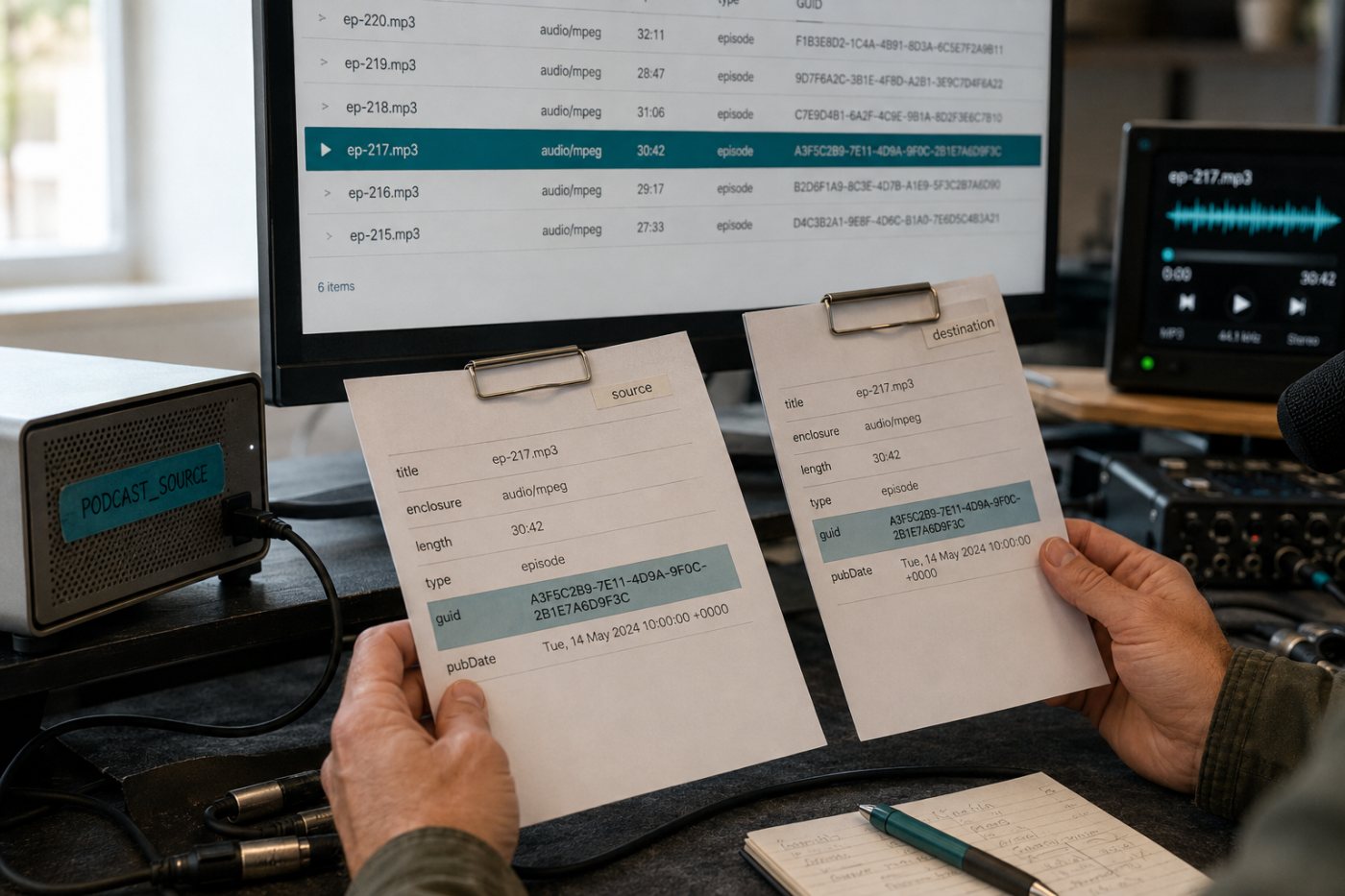 Imported podcast episodes audited against the old feed with matching GUIDs
