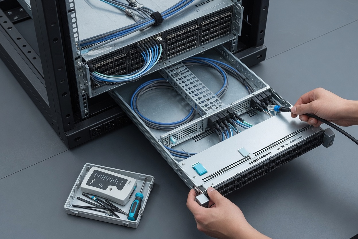Hands performing physical maintenance on server equipment.