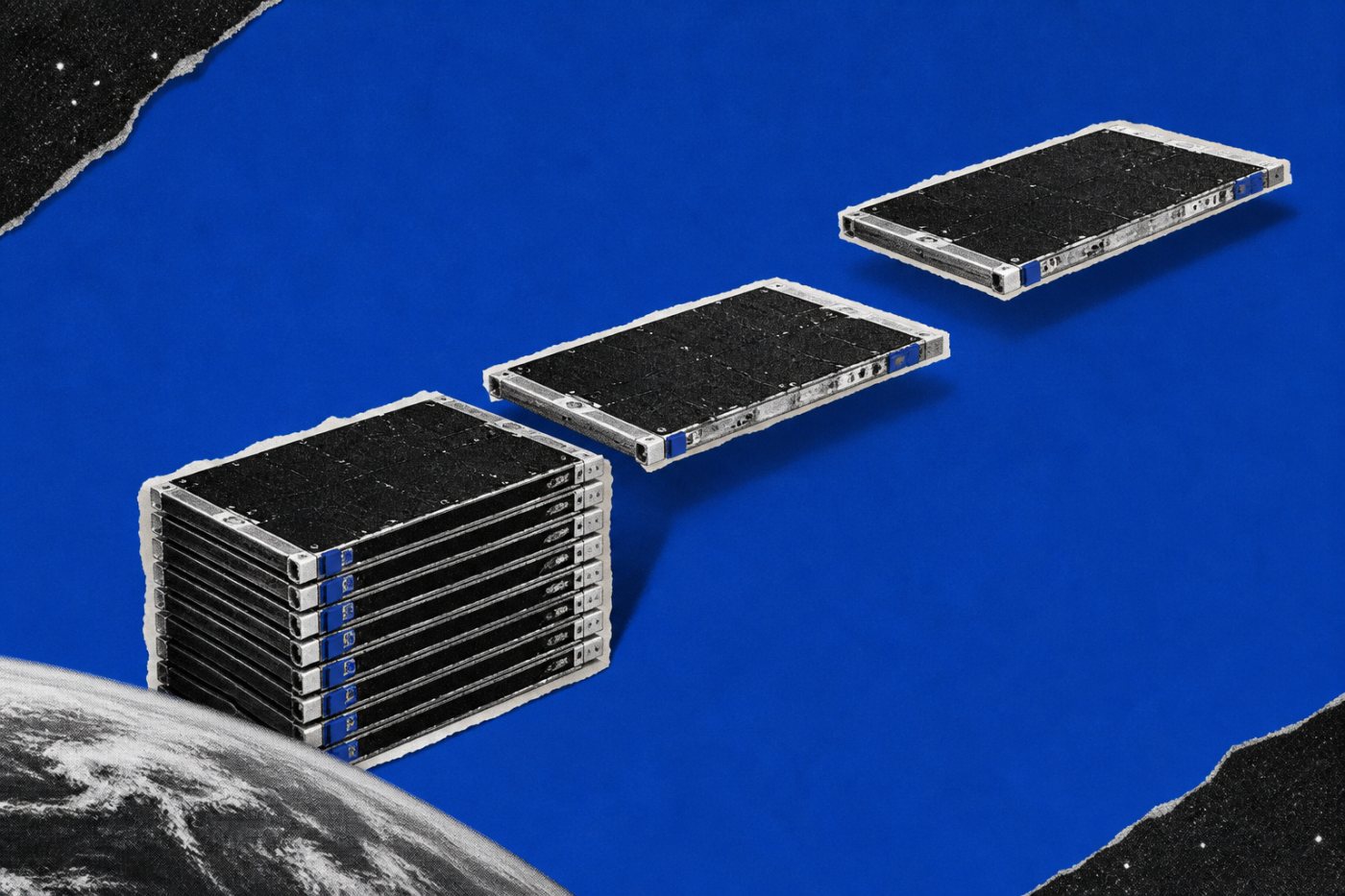 Des Flatellites plats se séparent successivement d’une pile compacte après leur mise en orbite.
