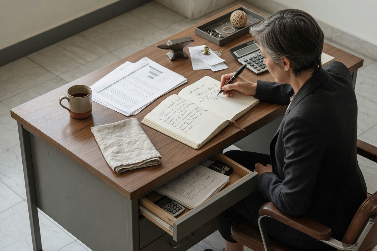 Business leader writing revenue growth notes in a notebook
