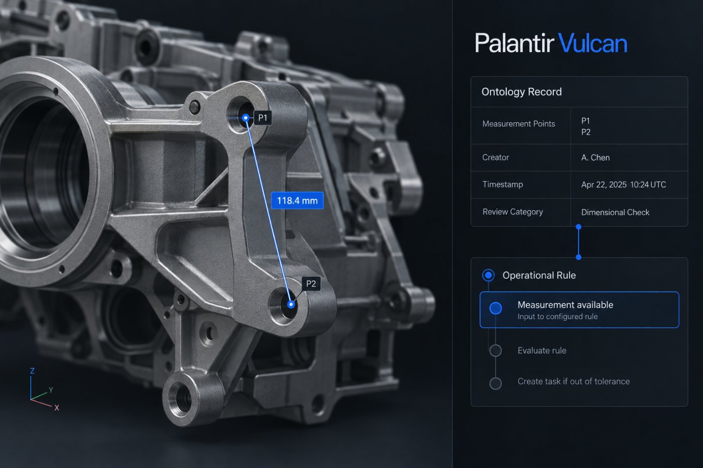 Palantir Vulcan का सहेजा CAD माप Ontology वस्तु बनकर चेतावनी कार्यप्रवाह से जुड़ता है