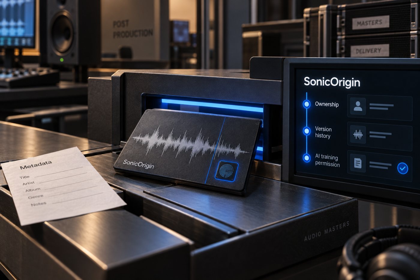 SonicOrigin iş akışında dosyaya bağlı kimliğin sahiplik, sürüm ve eğitim izni kaydına ulaşması