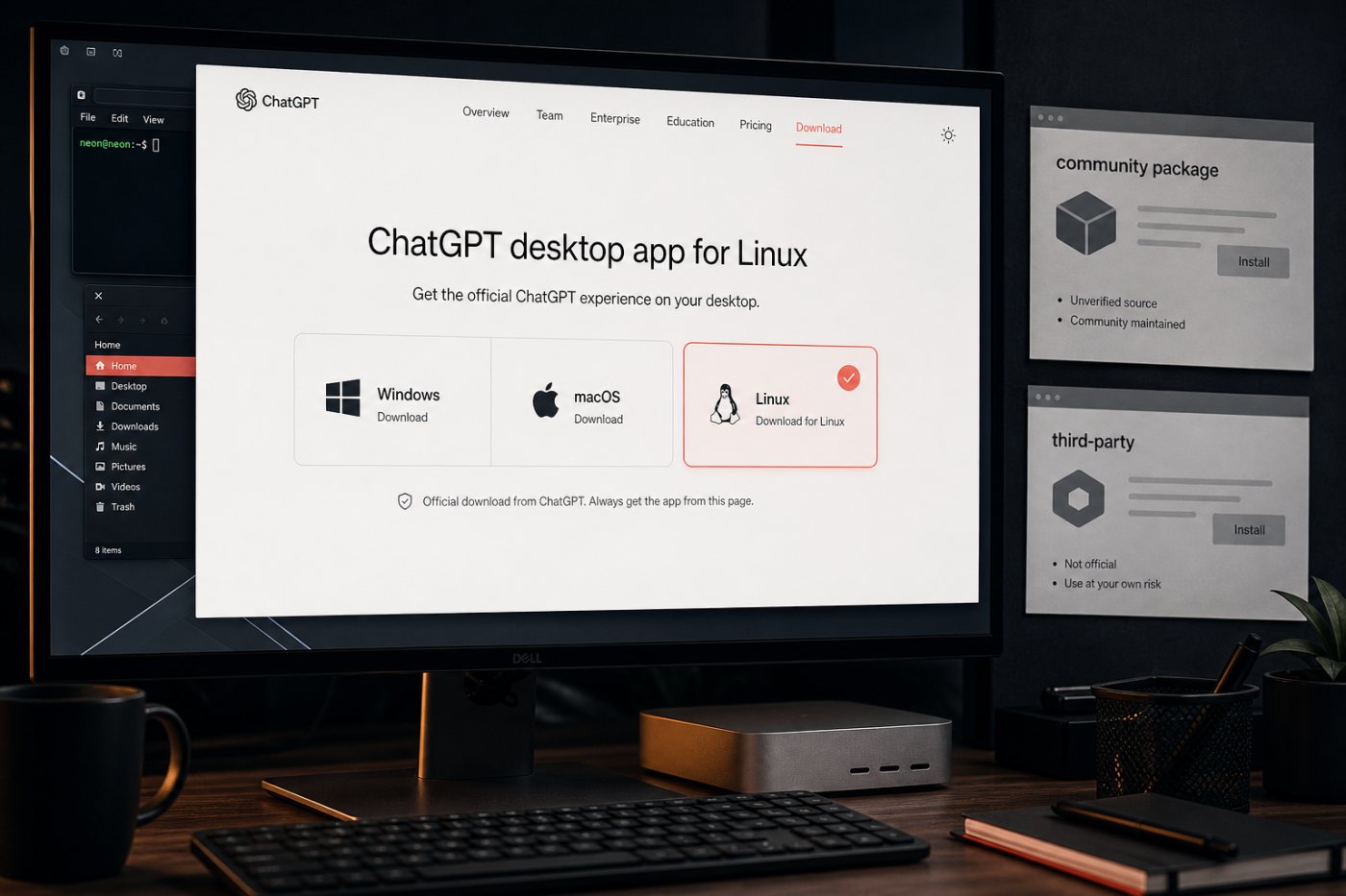 Téléchargement de l’application Linux depuis la page officielle de ChatGPT, séparé des paquets communautaires.