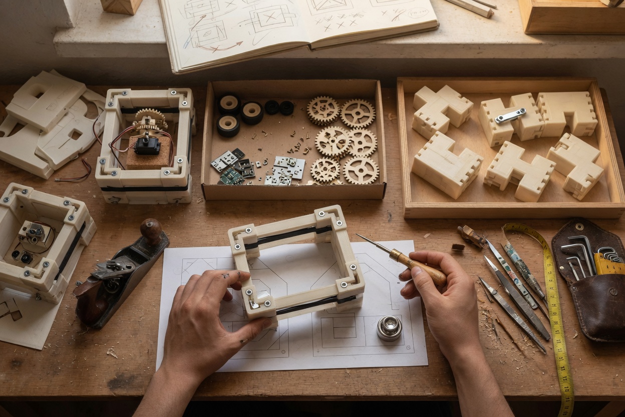 Workbench with tools and parts for agentic task simulation