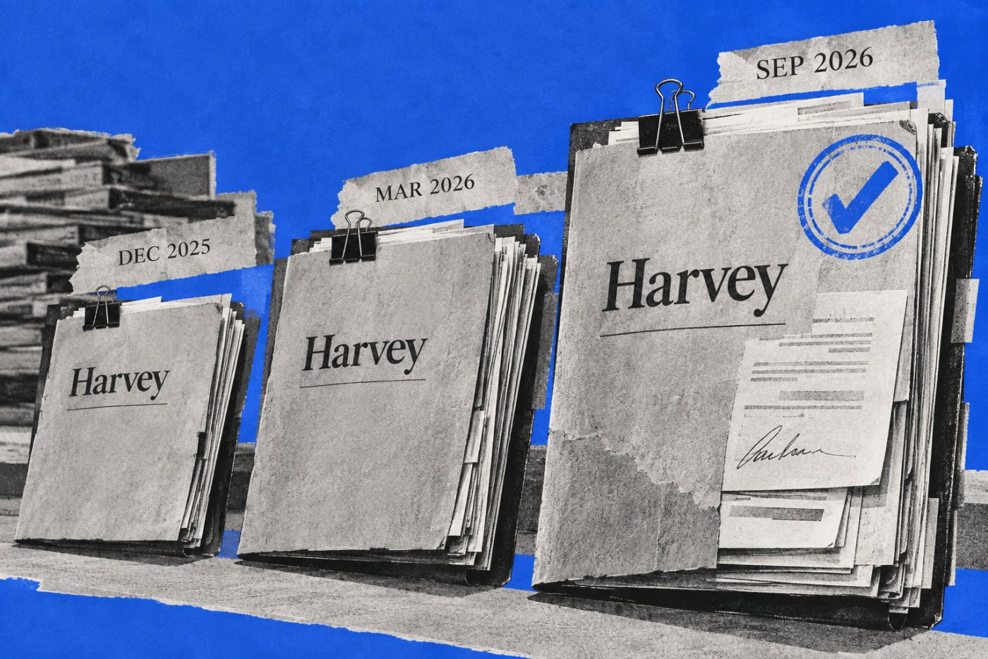 Evolución de la valoración de Harvey desde 8.000 hasta 15.500 millones de dólares entre diciembre de 2025 y septiembre de 2026.