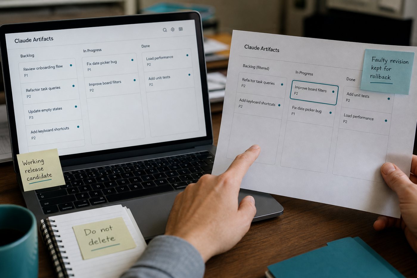 Claude Artifacts version handling compares a working task board with a revision before selecting the release candidate.