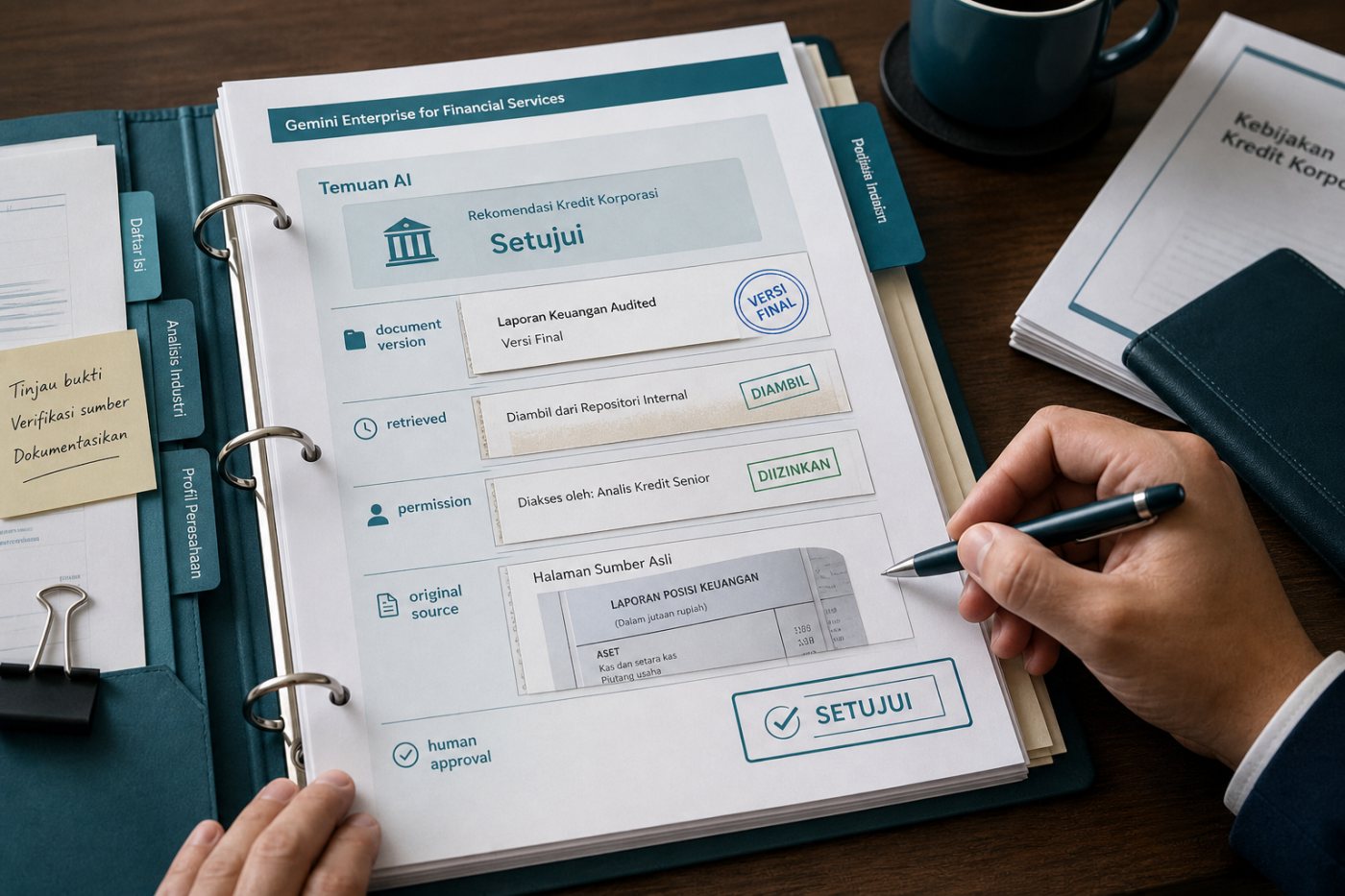 Tim risiko bank menelusuri provenance keluaran AI hingga sumber asli sebelum persetujuan manusia.