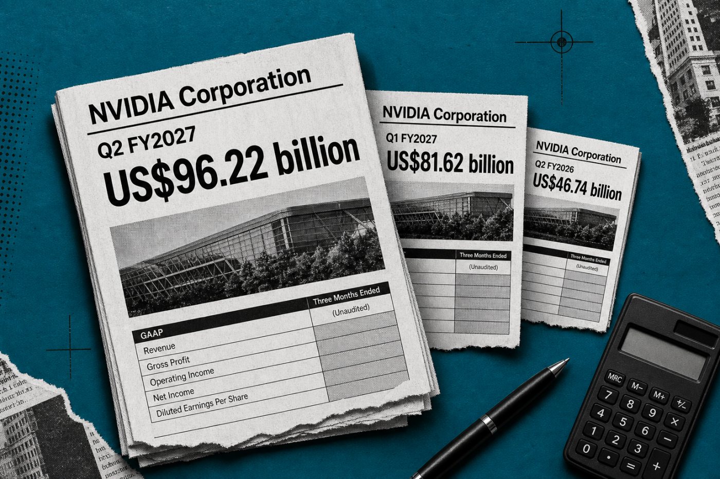 Perbandingan pendapatan NVIDIA Q2 FY2027 dengan kuartal sebelumnya dan periode yang sama tahun lalu.