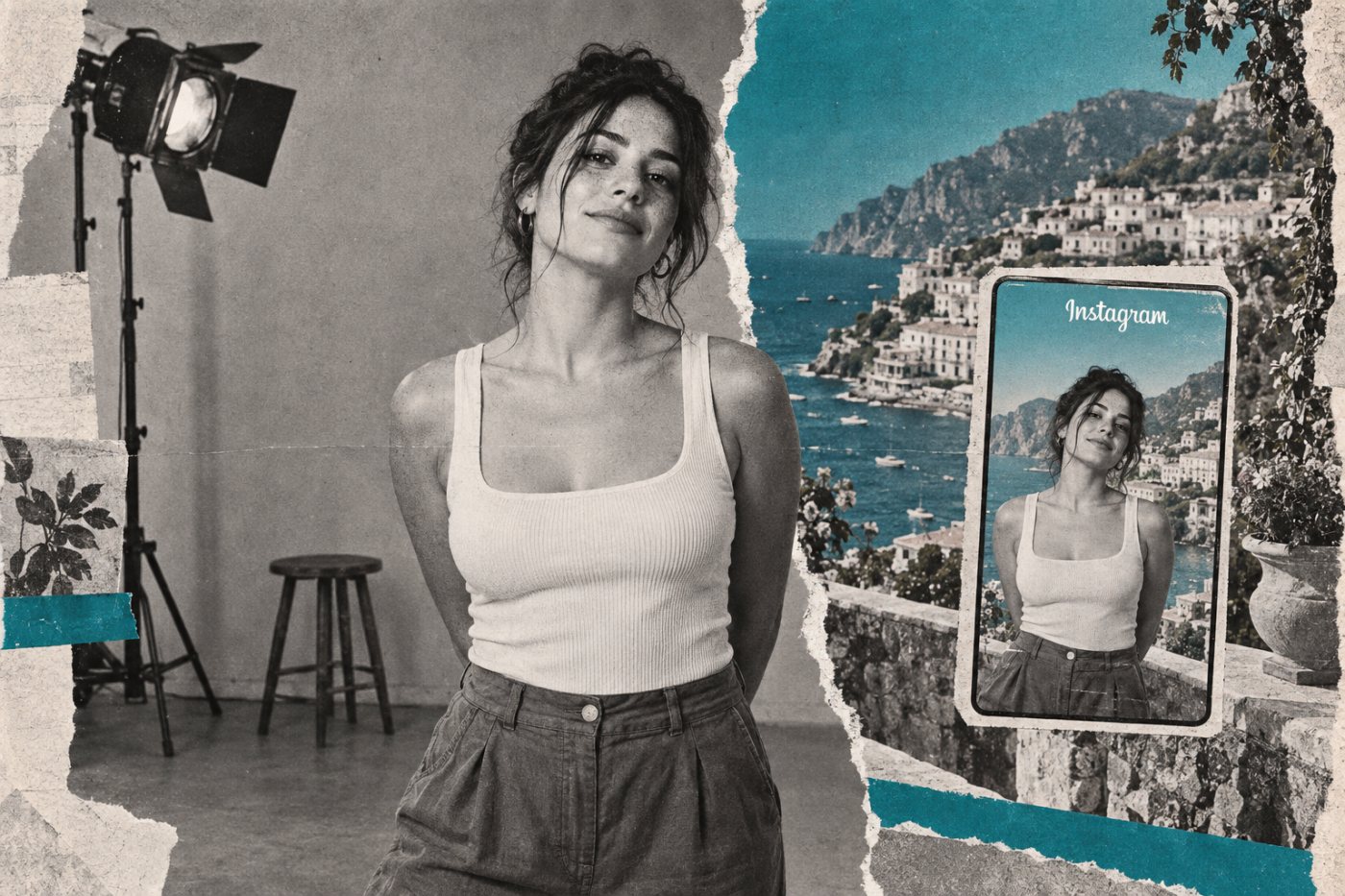 Una creadora real conserva su identidad mientras la IA modifica únicamente el fondo de su contenido para Instagram.