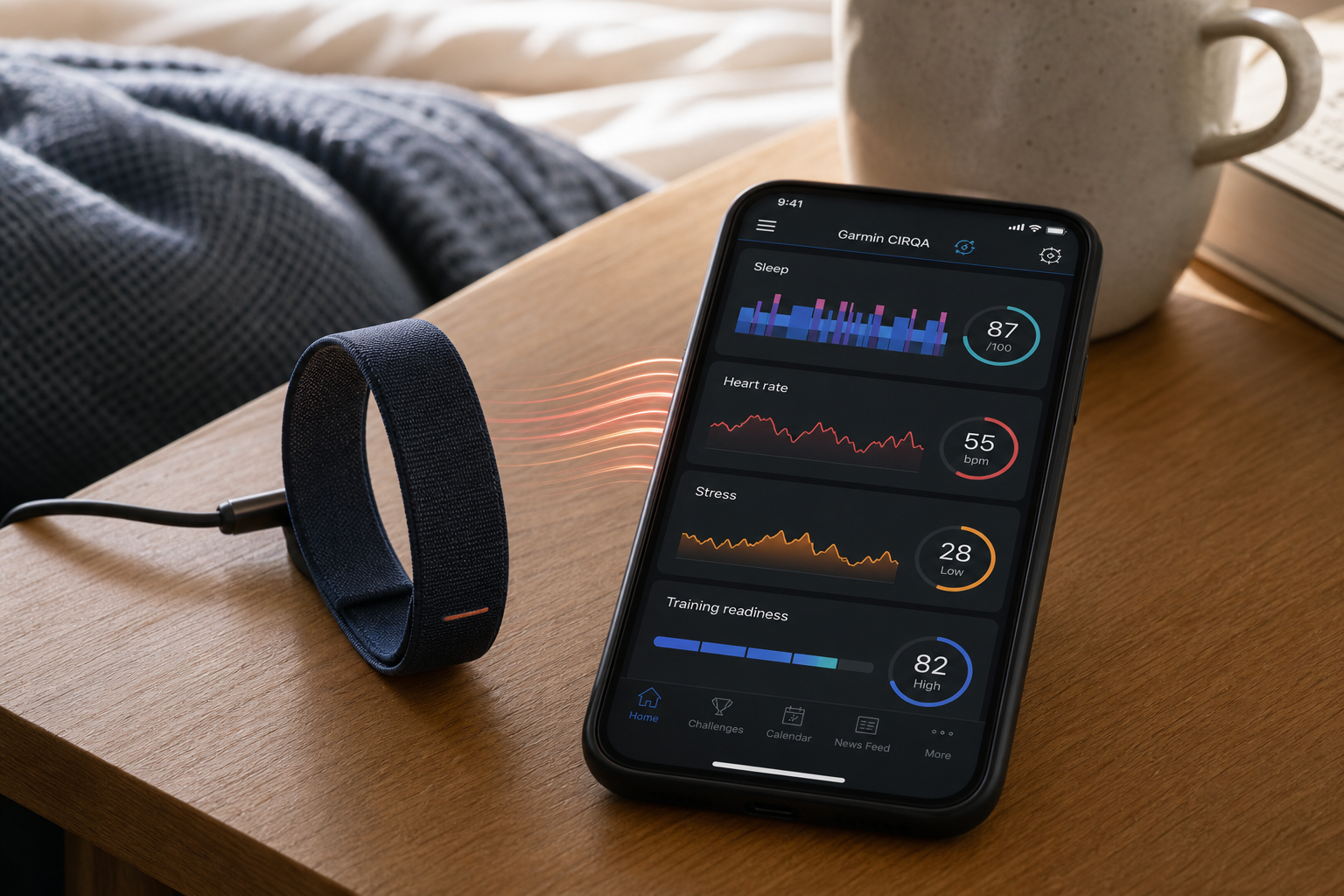 Garmin CIRQA बैंड से रिकॉर्ड स्वास्थ्य, नींद और प्रशिक्षण डेटा फोन पर दिखता हुआ