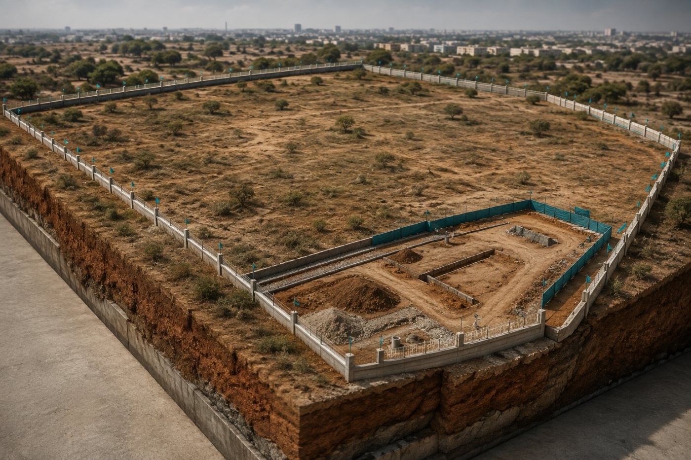 Terreno de 264 acres assegurado pela HyperVault em Hyderabad antes da construção do campus.