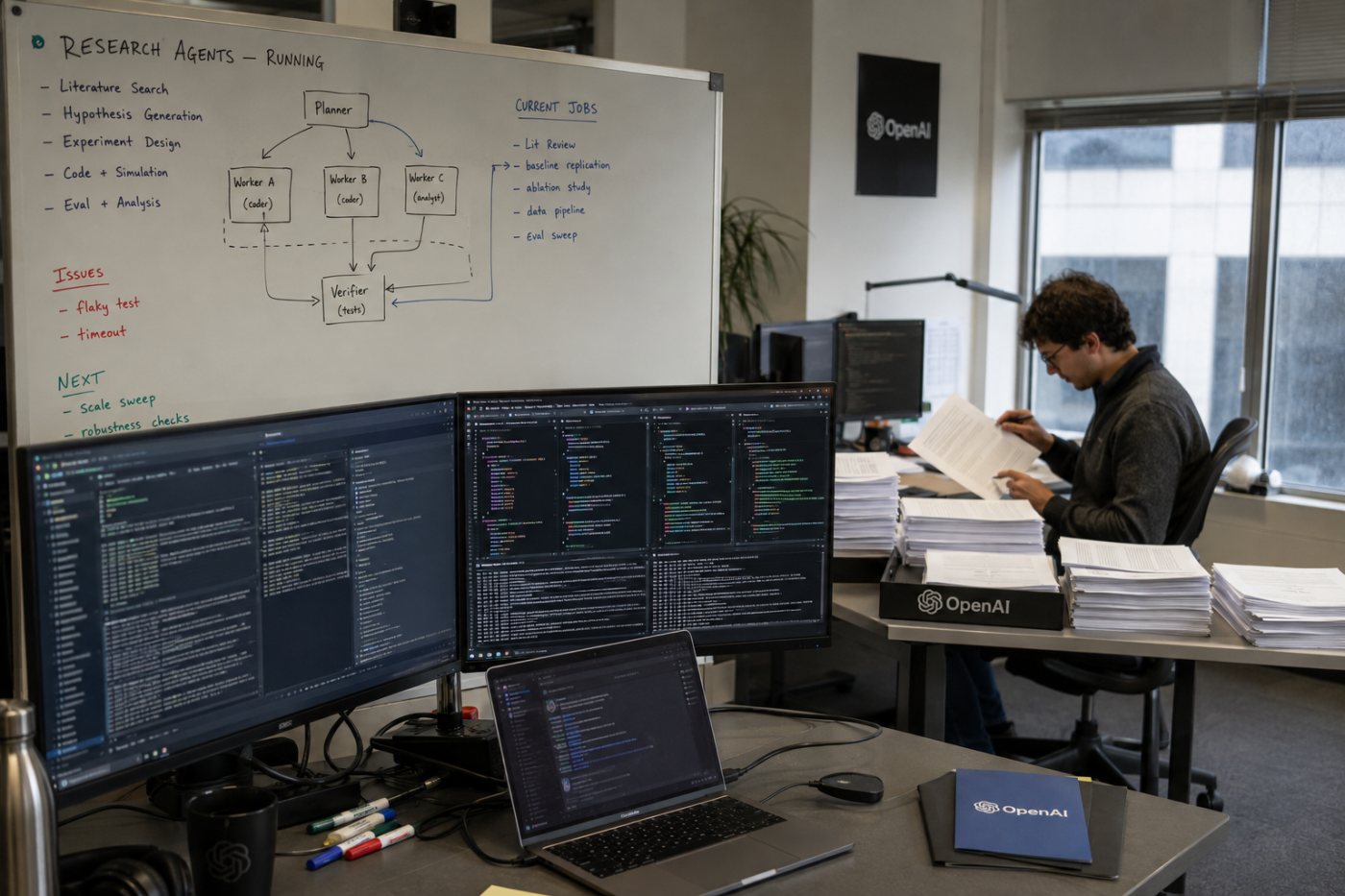 Varias sesiones de agentes acumulan tiempo de ejecución, pero solo los resultados revisados avanzan en la investigación de OpenAI.