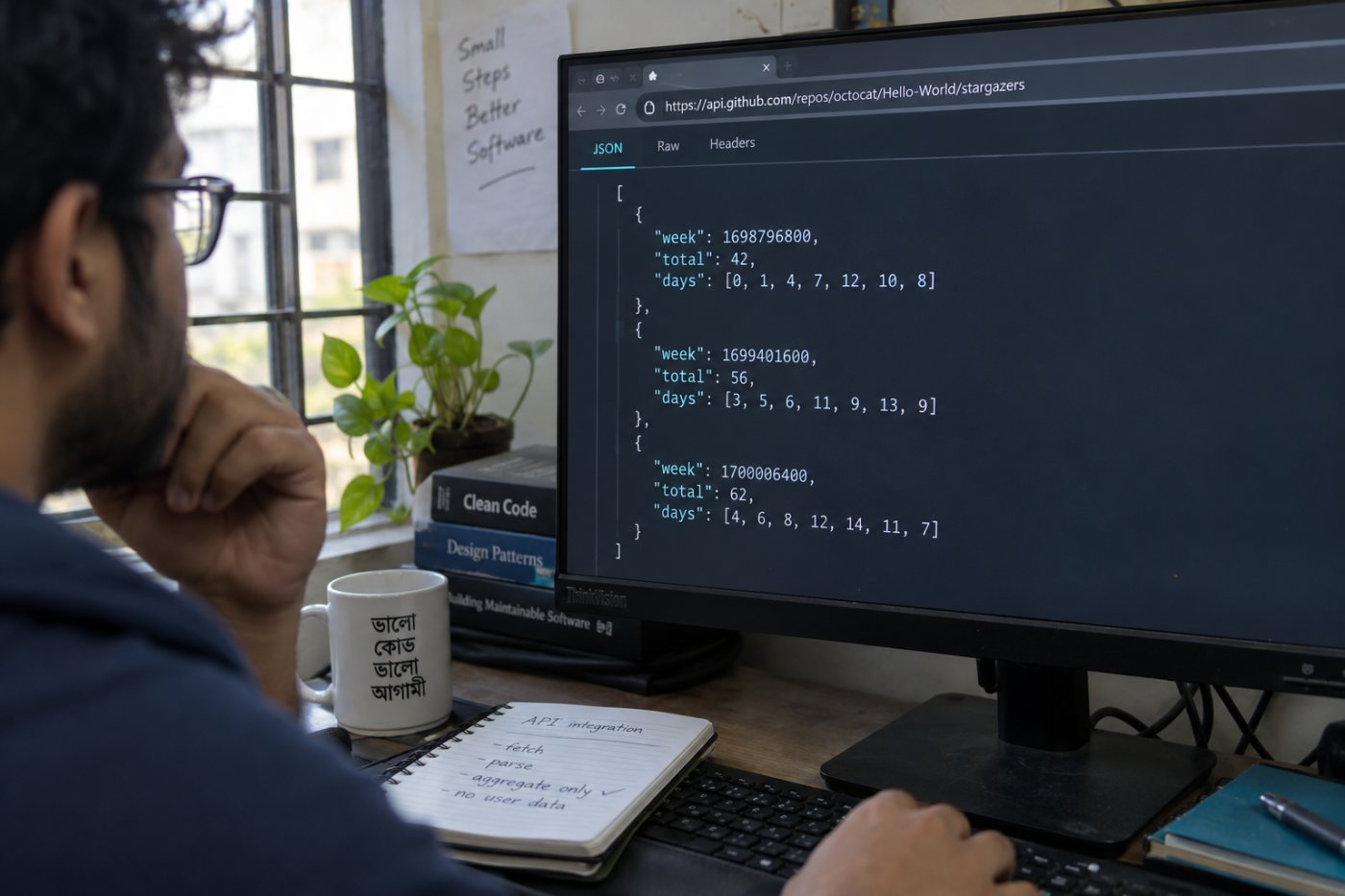GitHub REST API response-এ week, total ও সাত দিনের count আছে, কিন্তু user identity নেই