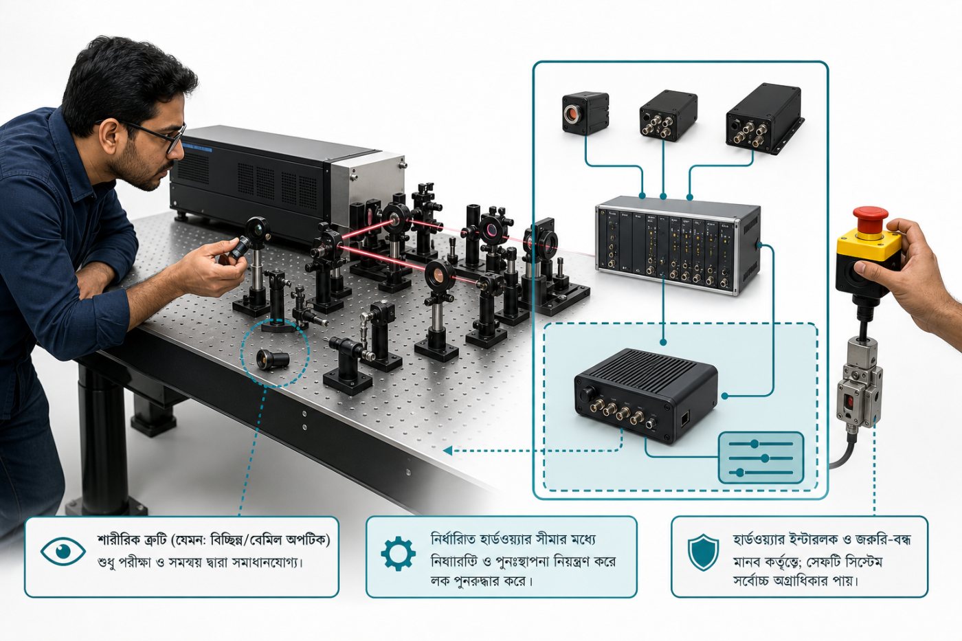 QuEra-র laser rig-এ controller চললেও operating limit, interlock ও অচেনা hardware fault মানব বিশেষজ্ঞের তত্ত্বাবধানে রয়েছে।