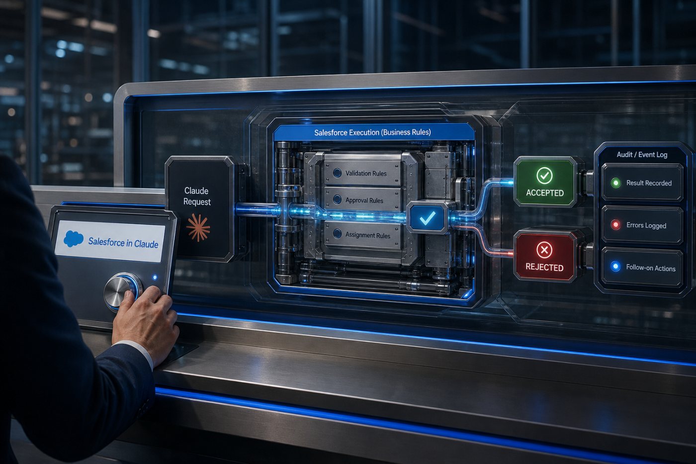 Eine zentral verwaltete AIforce-Anbindung leitet eine Claude-Aktion durch Salesforce-Regeln und liefert ein überprüfbares Ergebnis.