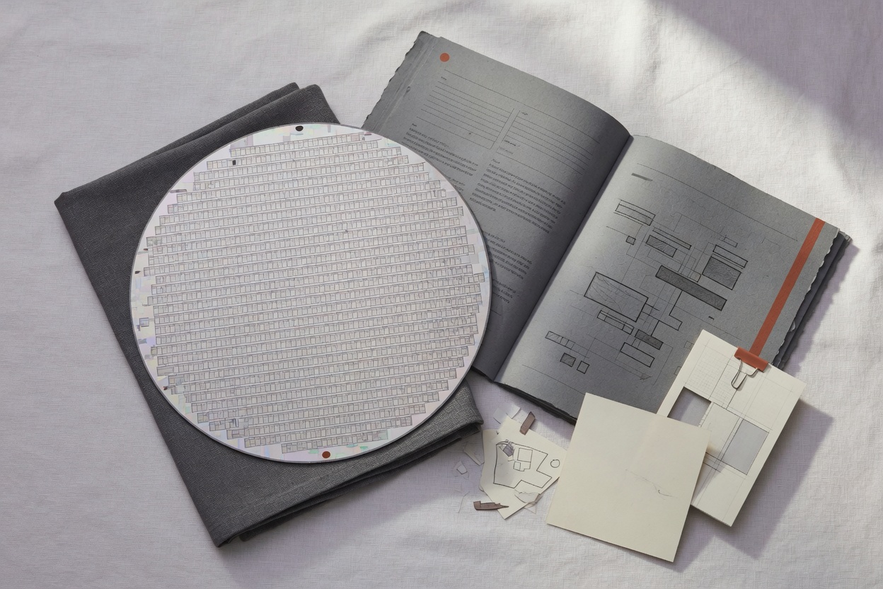 High-bandwidth memory chip sample next to factory expansion documents.