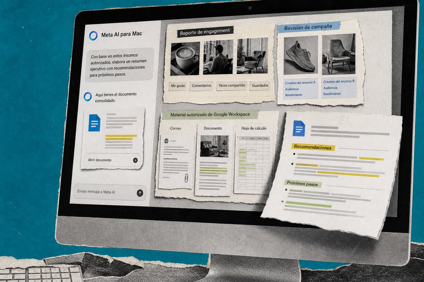 Meta AI combina métricas de cuentas profesionales, campañas de Meta Ads y material autorizado de Google Workspace para producir un documento.