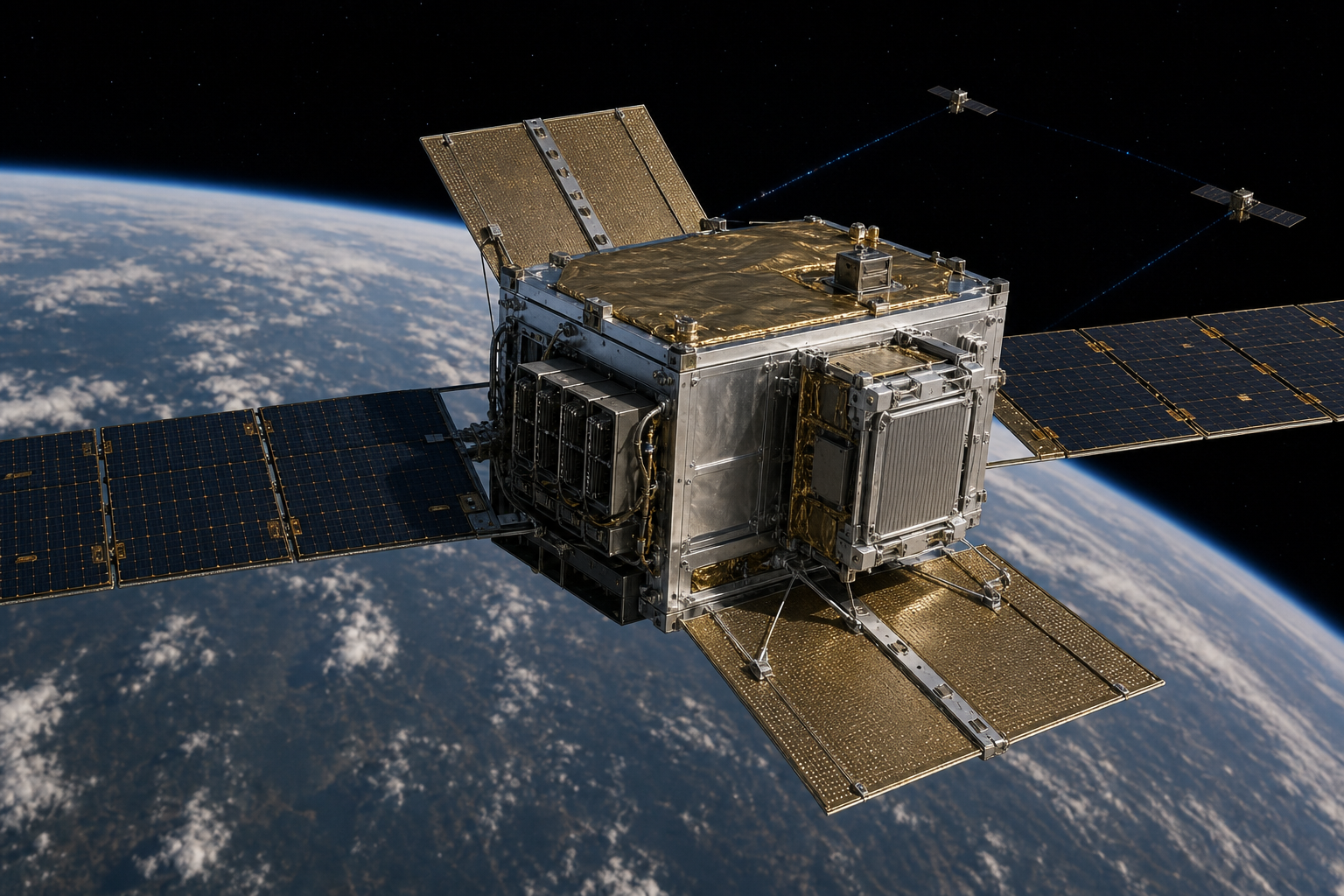Спутник Starcloud-2 с кластером GPU, хранилищем, солнечными панелями и радиаторами на солнечно-синхронной орбите