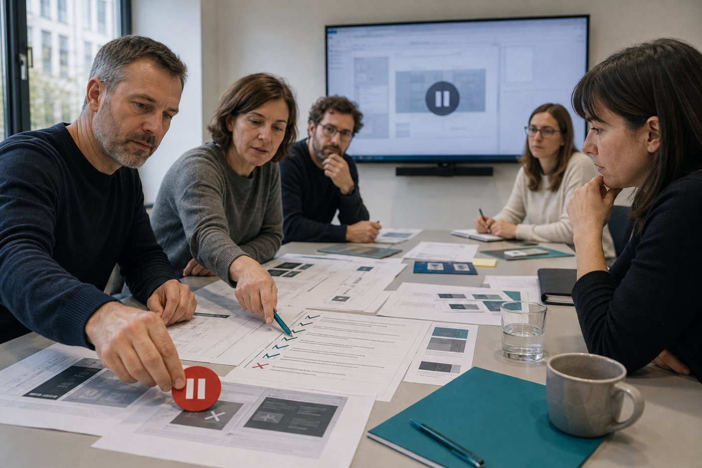 Ein Projektteam prüft einen neuen KI-Anwendungsfall und stoppt den Versuch nach einem verfehlten Qualitätskriterium.