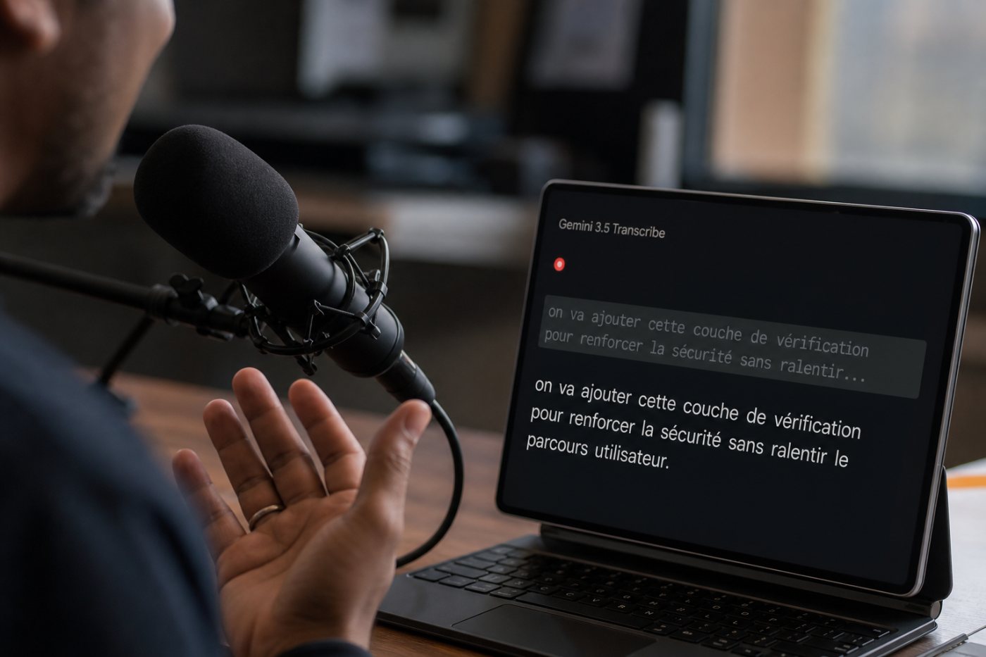 Gemini 3.5 Transcribe Live transforme un flux de microphone en texte provisoire puis finalisé, sans attribution des locuteurs ni repères par mot.