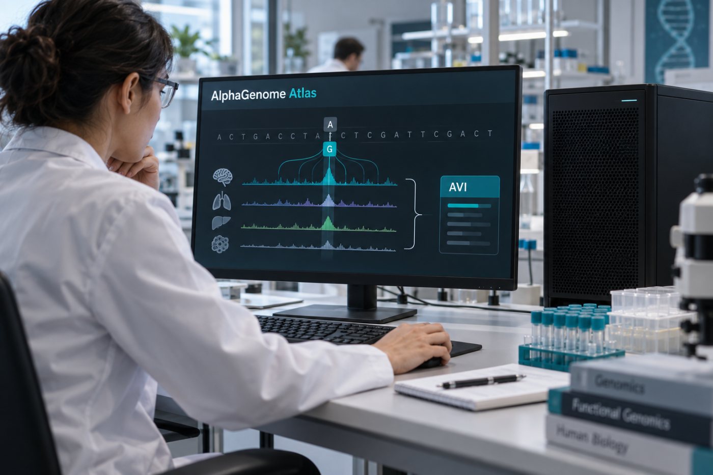 Pencarian koordinat varian di AlphaGenome Atlas menghasilkan prediksi molekuler yang telah dihitung sebelumnya.