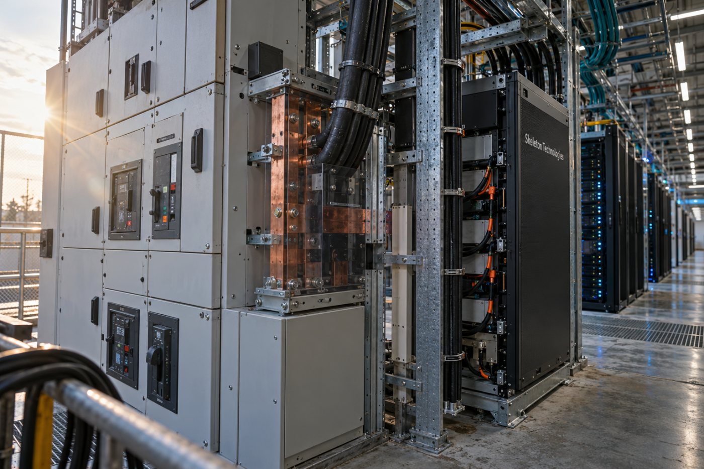 „Siemens“ elektros infrastruktūra ir „Skeleton Technologies“ superkondensatorių sistema duomenų centro energijos tiekimo grandinėje.