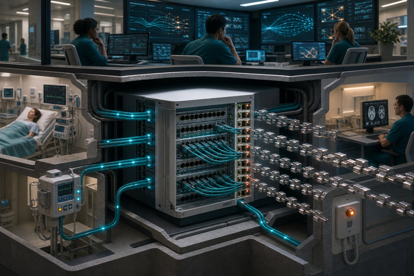Ein Sicherheitsteam untersucht automatisierte Angriffsversuche auf aktive IT-Systeme eines Krankenhauses.